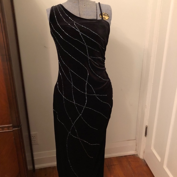 Joseph Ribkoff Couture Black Velvet With Glass Bead Embroidery Long Gown - Picture 6 of 10